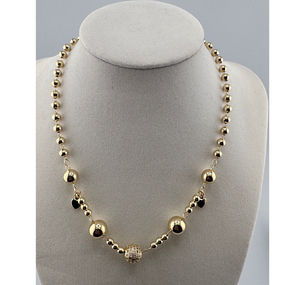 Gold Graduated Ball Bead Necklace Pave Crystal Disco Ball Heart Accents CM
